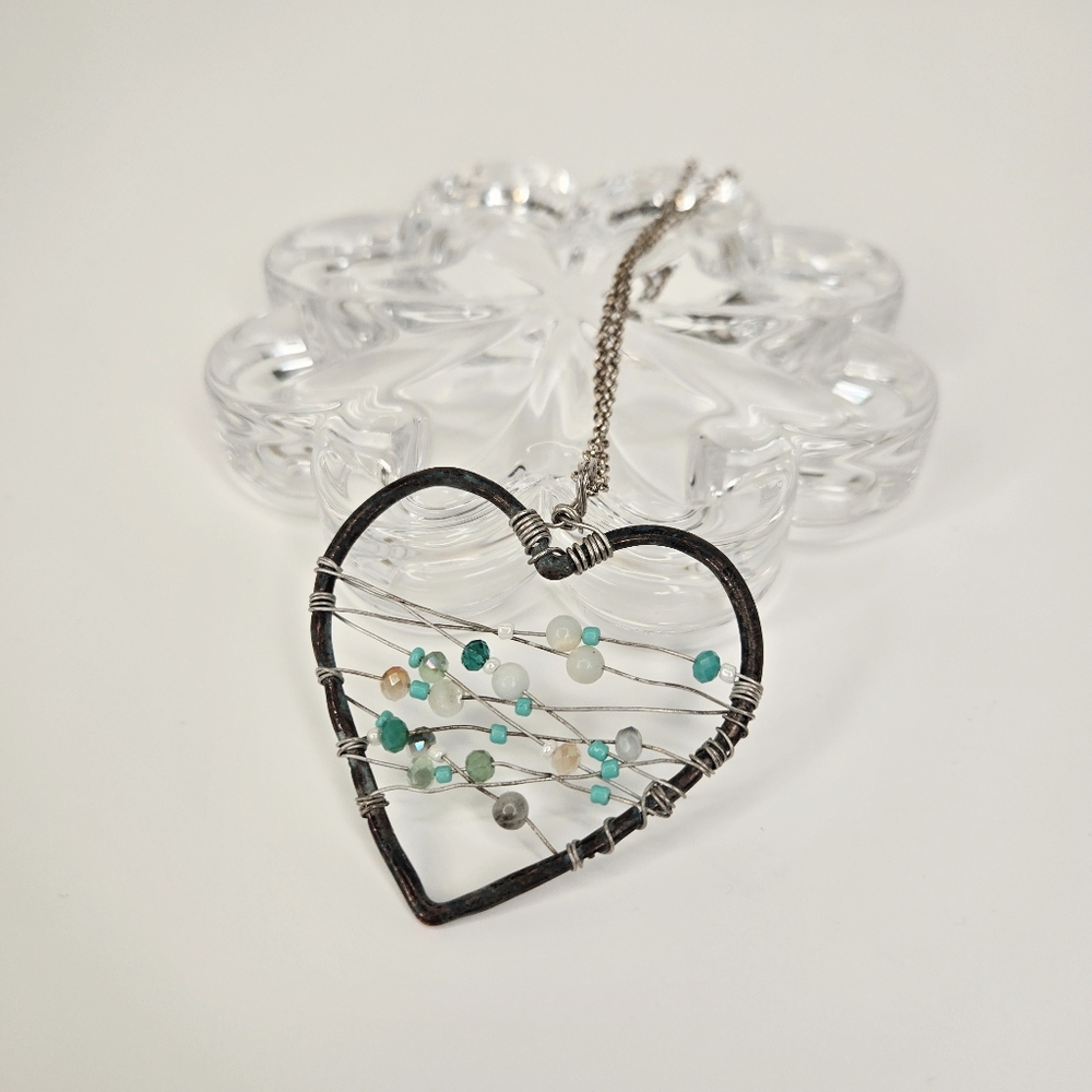 Rustic Turquoise Colored Beaded Metal Heart Pendant With Chain